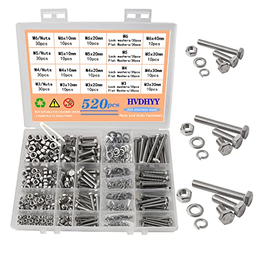 HVDHYY M3 M4 M5 M6 Nut and Bolt set Machine Screws & Nuts & Washers Assortment kit 304 Stainless Steel Outer Hexagon Head Button with a Reusable Storage Box (520pcs)