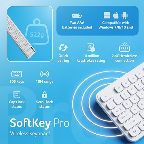 Image of Acer SoftKey Pro Wireless Keyboard | 2.4GHz USB Connectivity | Full-Size 108-Key Layout with Numeric Keypad | Silent Round Keys | Slim Minimalist Design | Windows & iOS | White | AAA Battery Included