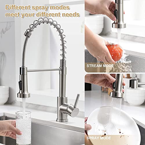 Kitchen Faucet With Pull Down Sprayer, Brushed Nickel Kitchen Faucet Lufeidra High Arc Single Handle Spring Commercial Stainless Steel Kitchen Sink Faucets For Farmhouse Camper Rv Bar Sinks #TOP2