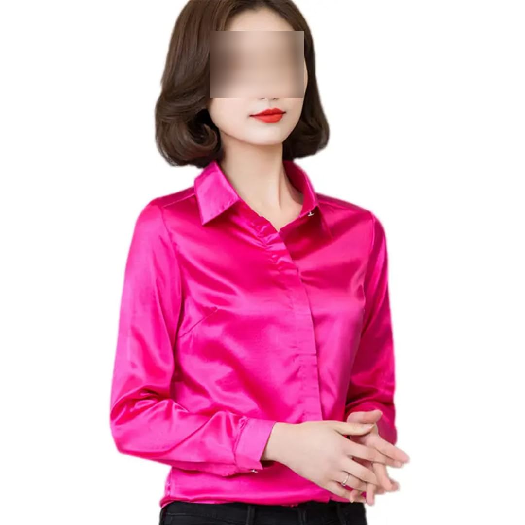 Blusa de satén para mujer, con botones, manga larga, solapa, oficina, trabajo, elegante, de seda