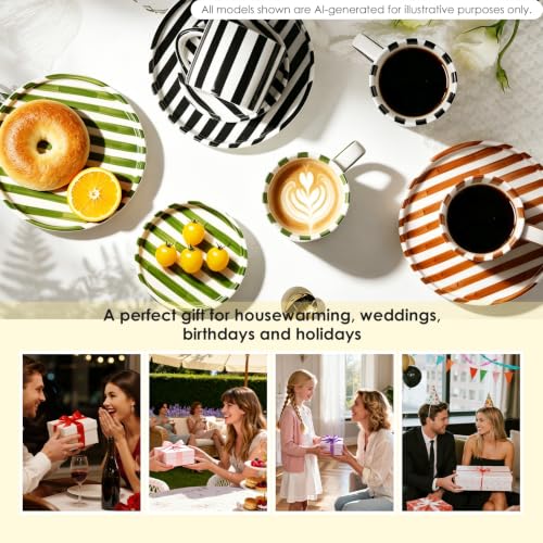 Set de 3 Piezas de Tazas de Café de Cerámica con Platos Rayados Negros miniatura 6