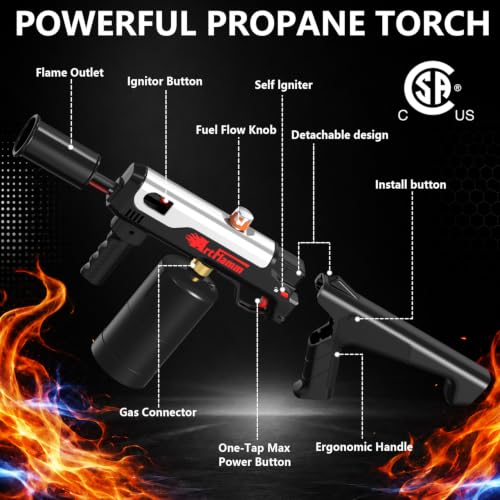 Image of ARTFLAMM Turbo Propane Torch Gun with One-Touch Max Flame Boost, Powerful Blow Torch with Adjustable Flame for Weed Removal, BBQ, Fire Starting, Grilling & Outdoor Use