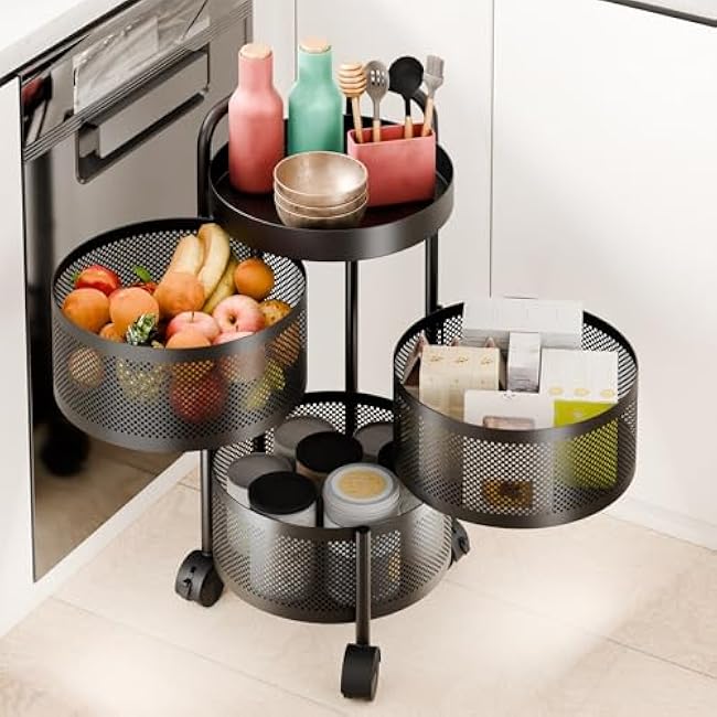 Honrane Rotating Storage Rack for Kitchen, 4 Tier Fruit and Vegetable Kitchen Storage Cart, Large Storage Rack with 360 Degree Wheels, Metal Wire Basket with Top Lid for Living Room, Office-5Lbd9MNY