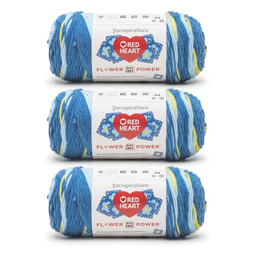 Red Heart All in ONE Flower Power Bluebell Yarn - 3 Pack of 8.8oz/250g - 100% Acrylic - #4 Worsted (Medium) - 440 Yards - Knitting/Crochet