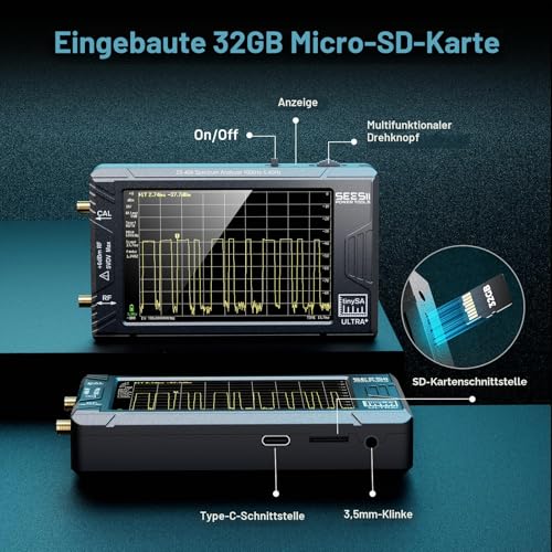 SEESII TinySA Ultra+ ZS406 Spektrumanalysator, 2025 Tragbarer Frequenzanalysator 4,0 Zoll 100 kHz - 5,4 GHz mit 32GB Speicherkarte, 2 in 1 Signalgenerator 100 kHz - 800 MHz MF/HF/VHF UHF-Eingang