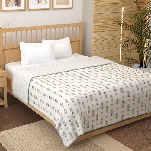 Image of Story@Home Dohar Double Bed Cover Cotton 100% | 150GSM 225 x 240 CM Quilt AC Blanket for Summer | AC Comforter Double Bed | Green & White, Motif Reversible Design Duvet | All-Season Blanket