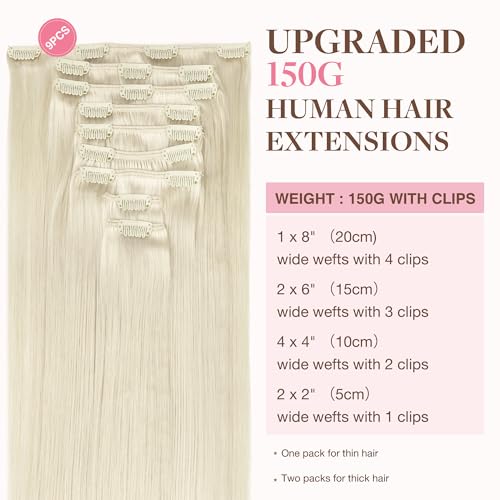 Image of GOO GOO Clip in Hair Extensions Real Human Hair, Remy Human Hair Extensions Clip ins for Women, Natural Human Hair, 22inch 150g 9Pcs, 60A Platinum Blonde