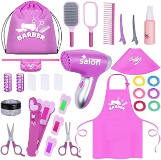 Gifts2U 26 Pcs Kids Hairdressing Set Realistic Girl Beauty Salon Playset Hair Styling Set with Blow Dryer, Barber Costume Apron, Scissors and Stylist Accessories