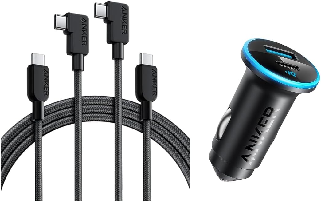 Anker 2-Pack 6ft USB C to C Cable, 90 Degree Braided Charging Cord & Car Charger Adapter, 52.5W Cigarette Lighter USB Charger