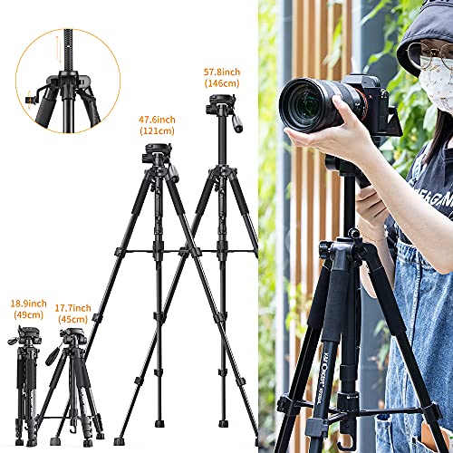 K&F Concept 56"/142Cm Aluminum Lightweight Travel Video Tripod 3-Way Swivel Pan Tilt Head With Cellphone Holder Smartphone Clip Quick Release Plate For Phone Slr Dslr Camera #TOP5