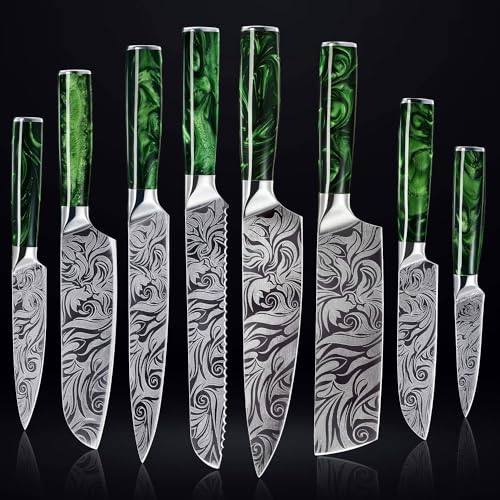 SENKEN 8-piece Engraved Japanese Kitchen Knife Set & Beautiful Green Resin Epoxy Handles - Wasabi Collection - Chef's Knife, Bread Knife, Cleaver Knife, Paring Knife, & More