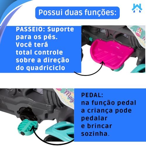 Carrinho de Passeio Infantil Quadriciclo com Pedais e Haste, Rosa