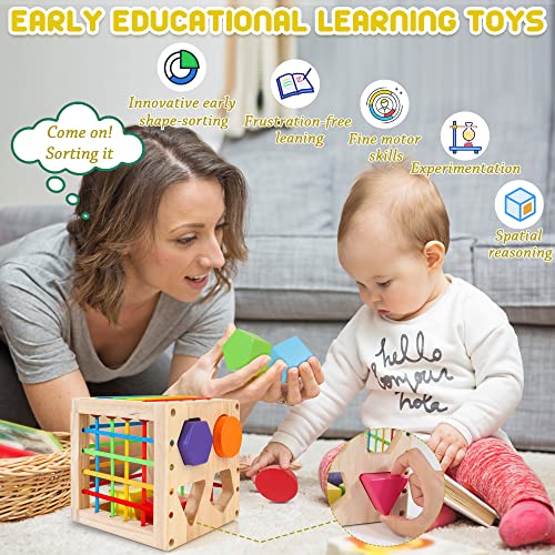 Winique Wooden Shape Sorter Toys For Toddlers 1-3 Years Old, Montessori Toys For 1 Year Old Baby Girls & Boys, Activity Cube With 8Pcs Geometric Shape Blocks And Gift Box For Christmas #TOP1