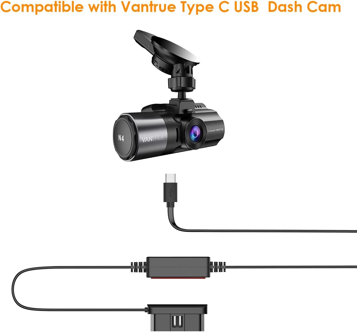 VANTRUE 10ft Type C USB OBD Hardwire Charger Cable N4, N4 Pro,N2 Pro(2023), E1, E1 Lite, E2, E3, S2-3CH, S2-2CH, N2S, X4S, N1 Pro(2023), T3 Dash Cam and Other Type C USB Power Port Dash Cams