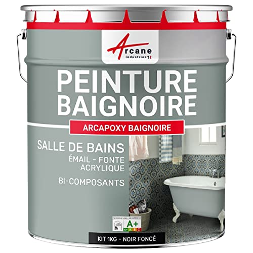 Peinture Baignoire Lavabo Bac à douche : Résine Salle de Bain pour Baignoire émail, acrylique et fonte - 1 kg (jusqu'à 3 m² en 2 couches) Noir foncé RAL...