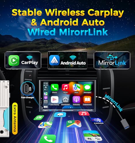 Image of PLZ 7 inch Wireless Double Din Car Stereo Apple Carplay Radio QLED Screen for Car, Android Auto, Bluetooth 5.3, Fast Charger, 1080P Backup Camera, 4.2 Channel Outputs 240W, 2 Subwoofer