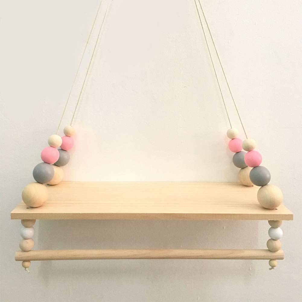 LTSWEET Handcrafted Shelf Kids Room Hanging Bead Shelf Nordic Style Nursery Decoration Wall Shelves Girls Clothes Storage Hanging Rack,Pink