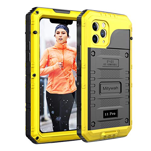 Mitywah Waterproof Case for iPhone 11 Pro Heavy Duty Military Grade Shockproof Cover Built-in Screen Protection Rugged Thick Full Body Protect Metal Case for iPhone 11 Pro Yellow