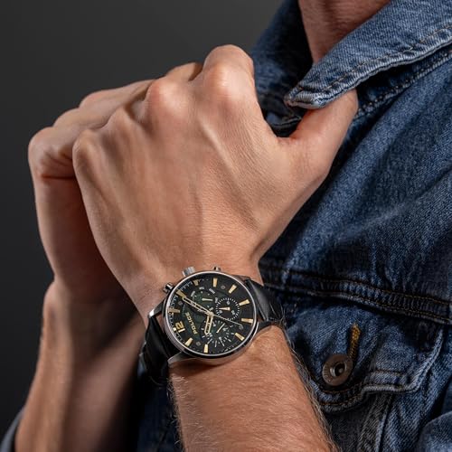 Image of Police Quartz Multifunction Green Dial Black Leather Strap Watch for Men - PLPEWGF0040201