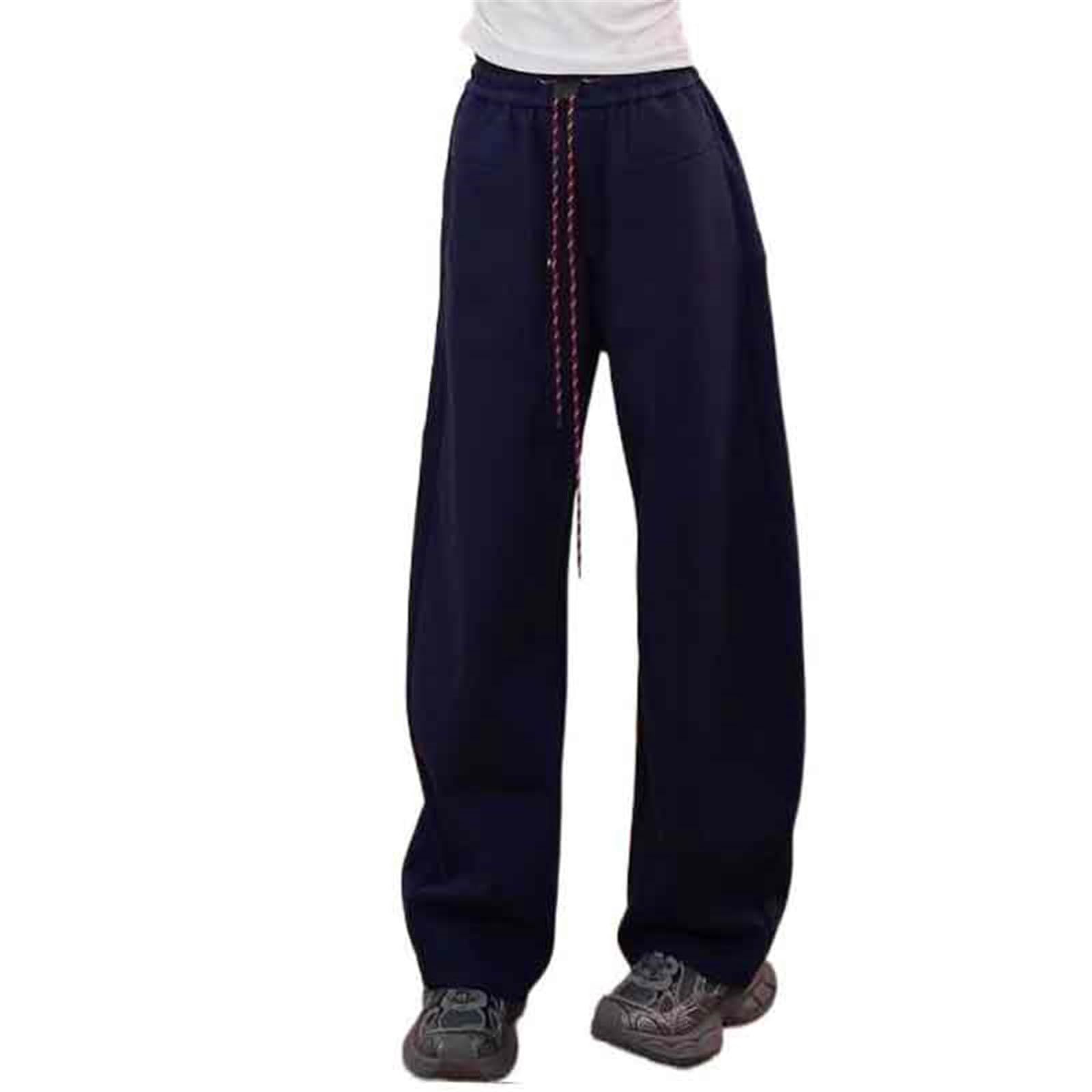 Womens Pants Summer Loose High-Waisted Straight-Leg Trouser for Women-Dark Blue-Small