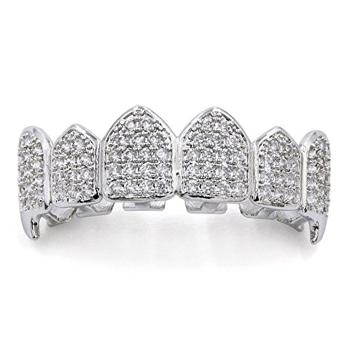JINAO 18K Gold Plated Iced Out CZ Grillz Fang Top Bottom Mouth Teeth Grills Set for Men Women(Silver TOP)
