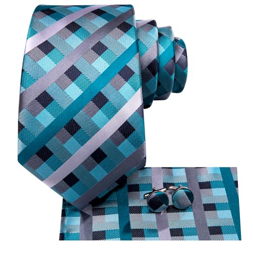 Image of Dubulle Mens Paisley Floral Silk Tie for Men Blue Teal Striped Necktie and Pocket Square Cufflinks Set Wedding Business