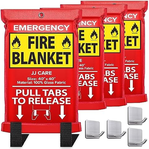 JJ CARE Fire Blanket – 4 Packs with Hooks – Emergency Fire Blanket for Home & Kitchen, High Heat Resistant Fire Suppression Blankets for Home Safety, Kitchen, and Camping Cover