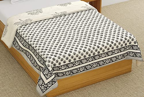 Image of BLOCKS OF INDIA Cotton Single Size Quilt Hand Block Print for Light Winters (60X90 Inches) (Grey Tree, Lightweight), 300 TC
