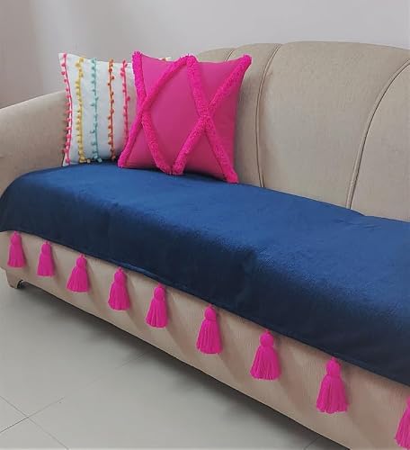Throw Pillow Navy Blue Sofa Cover with Pink Tassels Regular Shape Sofa Cover (3 Seater) OS