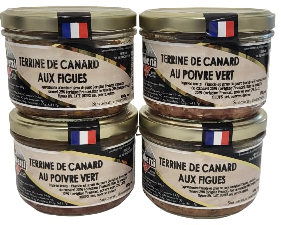 2 Terrinas de pato con higos y 2 Terrinas de pato con pimienta verde – Conservas de 180 g cada una – Origen France