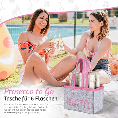 FunX Flaschentasche Prosecco to go - Filztasche für 6 Flaschen - Grau mit Trageschlaufen und Aufdruck - Vielseitig einsetzbar - 19x12x14 cm