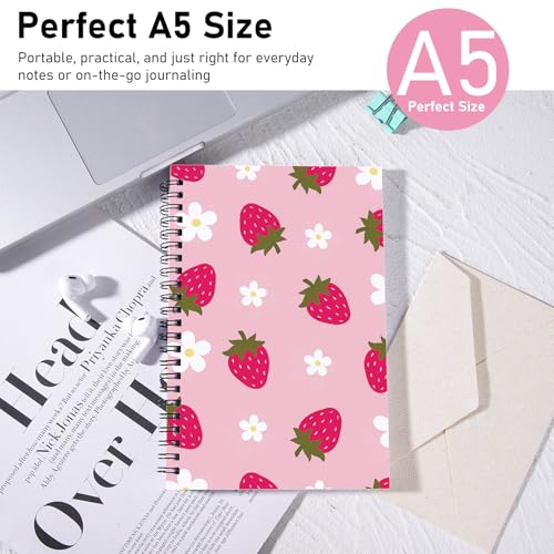 Image of Pink Strawberry Spiral Notebook - Strawberry Journal for Women Cute Notepad Preppy Note Book Office Stationary Supplies School Study Stuff for Students 5.5x8.3 Inches