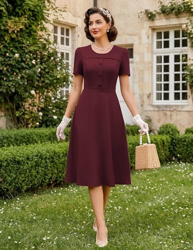 Image of Wedtrend 1950's Vintage Dresses for Women Modest Church Dress with Pockets Short Sleeve Tea Party A-Line Cocktail Dresses