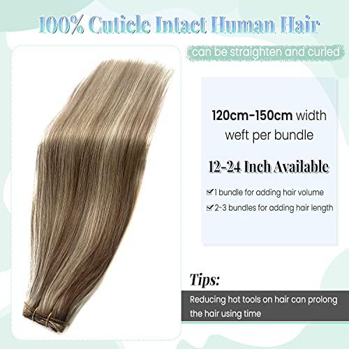 Image of Sew in Hair Extensions Real Human Hair, 16 Inch 100G Weft Hair Extensions Human Hair, Ash Brown and Blonde Balayage Ash Blonde Highlights Hand Tied Weft Hair Extensions Human Hair Weave Bundles