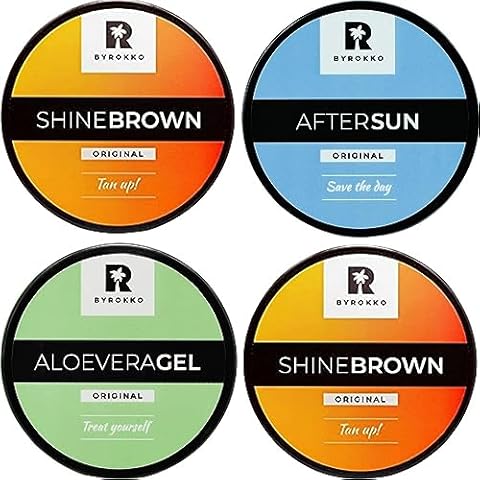 BYROKKO Shine Brown Summer Tanning SET 4IN1: 2 Units of Tanning Cream 7.11 Fl. Oz. (210 ml) + After Sun Cream 6.09 Fl. Oz. (180 ml) + Aloe Vera Gel 6.76 Fl. Oz. (200 ml) Cover