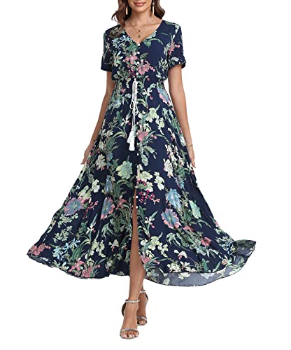 Teemie Damen Kleid Kurzarm Maxikleid Sommerkleid Boho Lang Kleider V Ausschnitt Strandkleid Sommer Casual Hübsche Blumenkleid Beachkleid Flowy Split...