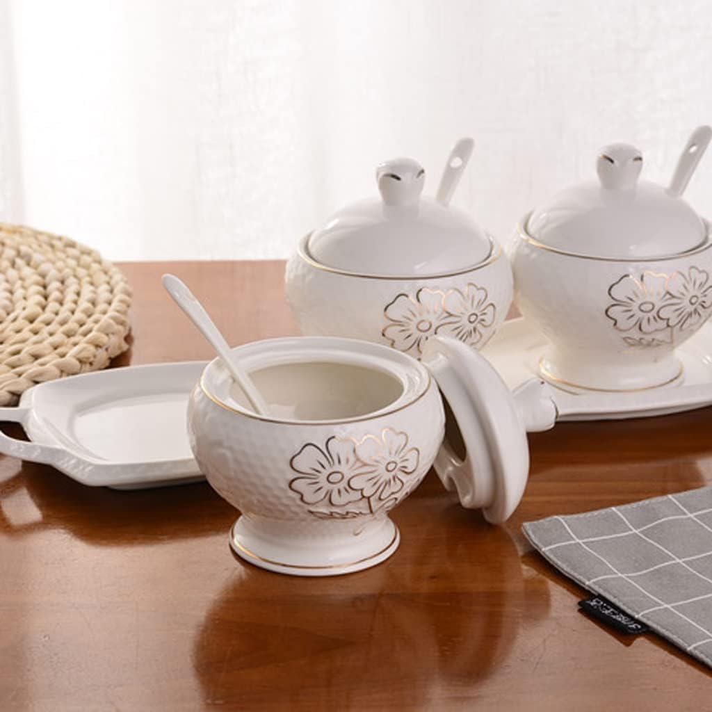 Condiment Jar Seasoning Box Spice Pots Ceramic Seasoning Bottle Set with Spoon Lid and Tray Seasoning Box Salt Jar European Seasoning Jar Spice Jar Set Seasoning Jar