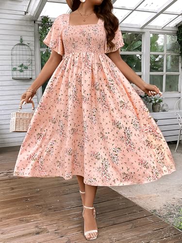 Image of Floerns Women's Plus Size Floral Square Neck Flounce Short Sleeve A Line Maxi Dress