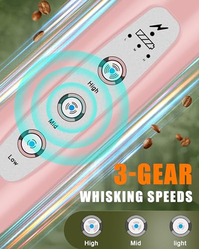Image of YUSWKO Rechargeable Milk Frother Handheld Frother Wand Drink Mixer for Coffee, Electric Whisk 3 Speed Adjustable, Coffee Foamer Maker with 3 Stainless Whisks Ideal Stirrers for Travel - Pink