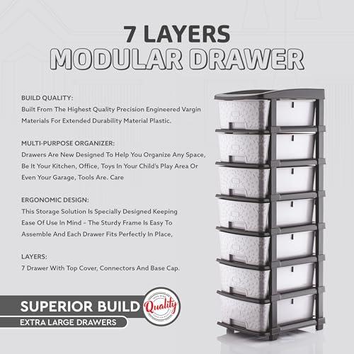 Image of 7XL Plastic Modular Drawer System for Home, Office, Hospital, Parlor, School, Doctors, Home and Kids, Product Dimension When assembeled (30cmx38cmx106 cm) (Grey, 7XL)