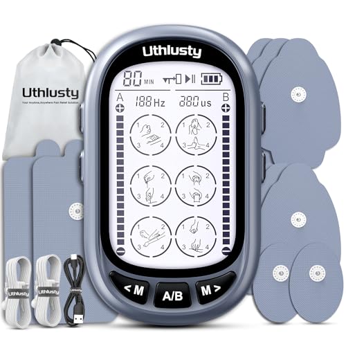 TENS Unit Muscle Stimulator for Pain Relief Therapy, Dual Channel TENS & EMS Machine with 24 Modes, 36 Intensity Levels, Large Screen Design, 10 Reusable Pads – Light Grey (Button Layout A)