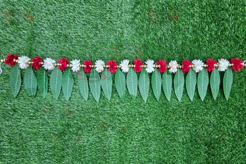 Image of S2S Artificial Marigold & Mango Leaves Simple Door-Window Toran /Door Hangings /Festive Decorations 1 Piece (Red And White), 60 cm