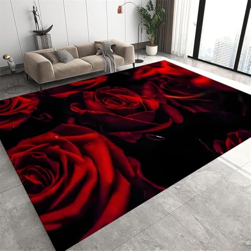 Red Rose Area Rug, 5x6ft Washable Soft Rug, Living Room