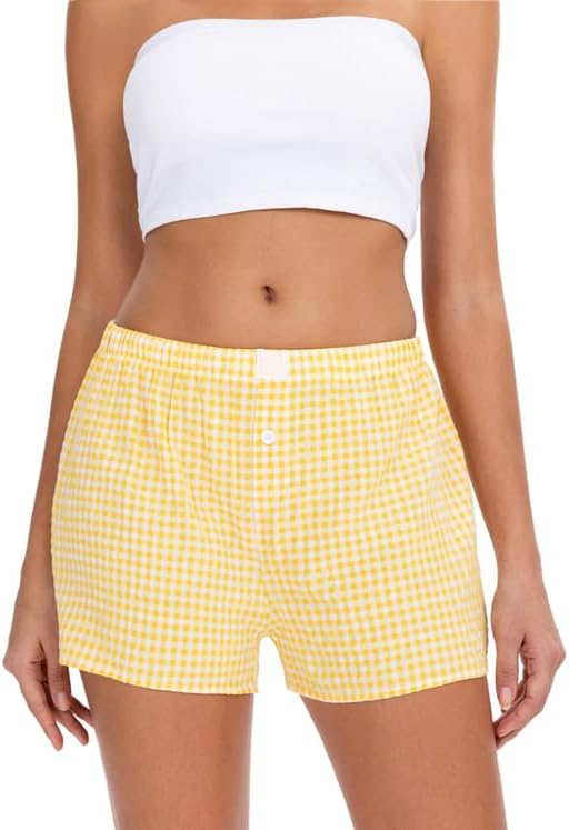 Women's Lounge Shorts Cute Soft Elastic Low Waist Plaid Print Button Front Pajama Bottoms Boxer Shorts Sleepwear