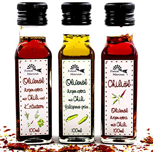 Pikante Chiliölspezialitäten 3 x 100ml aus der Finca Marina Gewürzmanufaktur - perfekt für alle Chilifreunde!