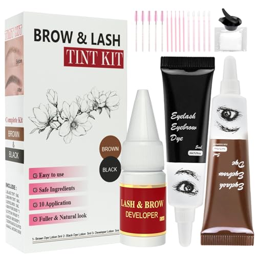 2 in 1 Eyelash & Eyebrow Color Kit, Professional Lash & Brow Color with Complete Accessories, Safe Natural DIY at Home (Black & Brown, 2Pack)
