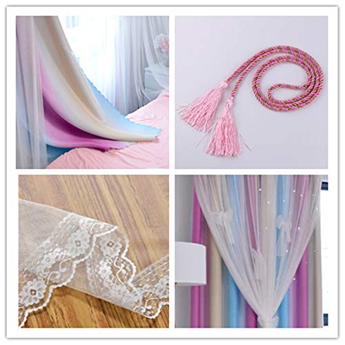 Image of Yancorp Room Darkening Light Blocking Pink Curtains White Sheer Lace Detachable Bow Ties Kids Room Decor Ombre Drapes Star Double Layer Window Panels Bedroom Living Room (Pink Blue, W52 X 96 inch)
