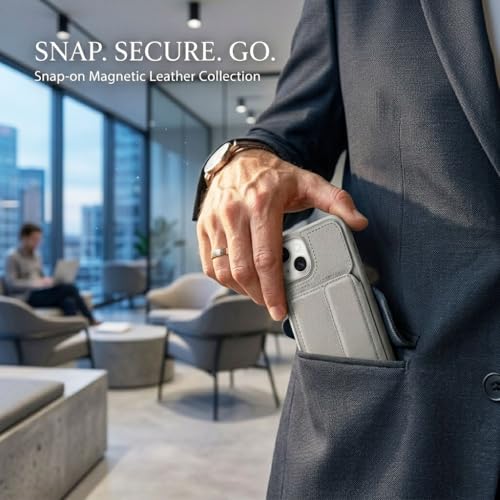 Image of amazon basics Luxury Vegan Leather Back Cover for iPhone 15 | Built-in Card Holder Slot | Integrated Mobile Stand | Slim Shockproof Protective Case with Stitched Finish - Gray