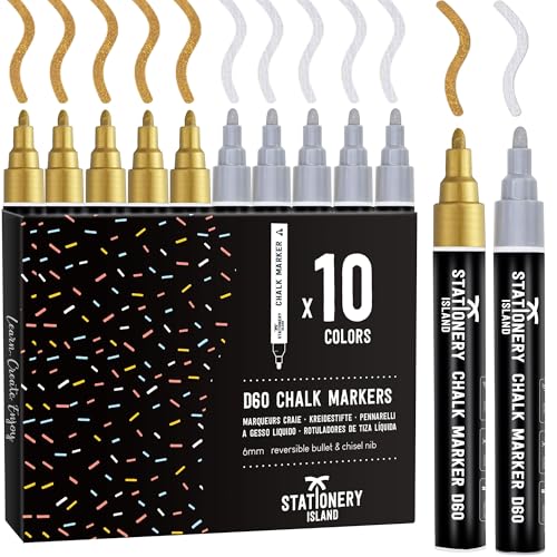 STATIONERY ISLAND Chalk Pens for Blackboards Pack of 10 Metallic Colours Chalk Markers