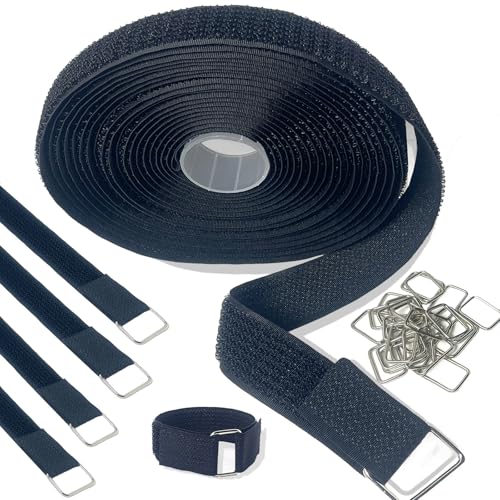 Image of 1 inch x 16ft Nylon Hook and Loop Straps with 25 Metal Buckles。Reusable Adjustable Strips Freely Cut-to-Length Straps for Organizer or Storage Straps Black